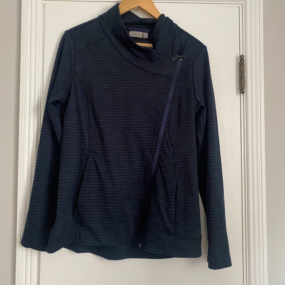 Athleta Asymmetrical Zip Front Jacket Double Zip Pocket Navy Blue Size Medium